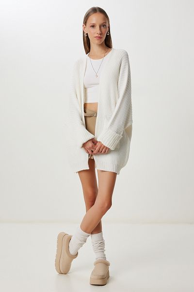 Happiness İstanbul Cardigan de damă, alb crem, cu buzunar lung, tricotaj AS00003