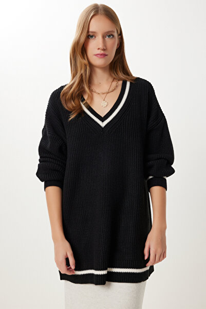 Happiness İstanbul Hanorac lung, negru, cu decolteu în V, pentru tricotaje, BP00140