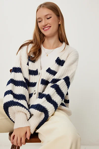Happiness İstanbul Women's Ecru Navy Blue V-Neck Striped Knitwear Cardigan Us00940