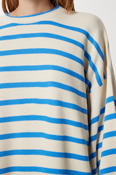 Happiness İstanbul Pulover de tricotaj oversize cu dungi albastre pentru femei Kİ00160