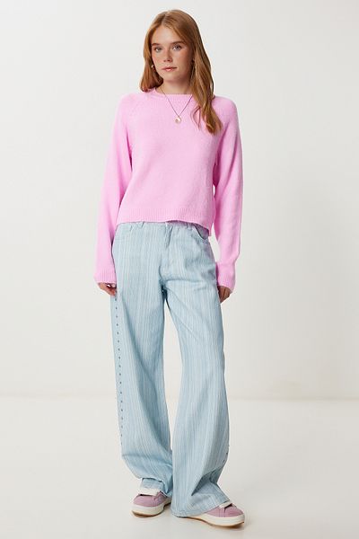 Happiness İstanbul Women's Candy Pink Basic Crop Knitwear Sweater Ki̇00149