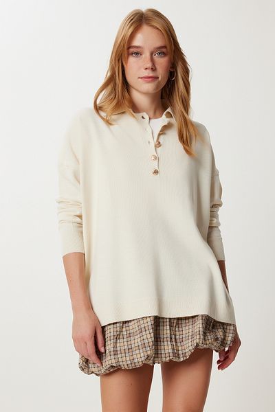 Happiness İstanbul Pulover de damă crem cu guler polo elegant cu nasturi Kİ00161