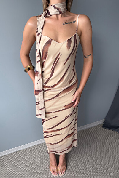 Trendyol Collection Rochie maxi tricotată din tul cu model animal maro multicolor TPRSS25EL00314