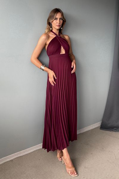 Trendyol Collection Dark Burgundy Pleated Cut Out Accessory Detailed Chiffon Midi Lined Dress Tprss25El00327