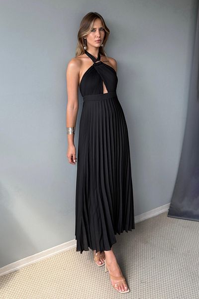 Trendyol Collection Black Pleated Cut Out Accessory Detail Chiffon Midi Lined Dress Tprss25El00327
