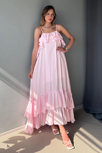 Trendyol Collection Rochie maxi țesută cu detaliu de volan roz TWOSS25EL00924