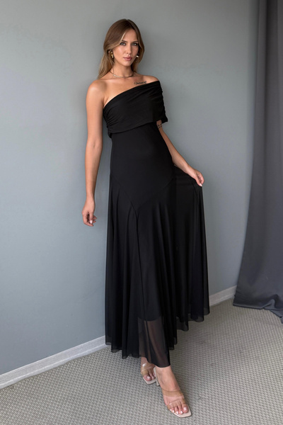 Trendyol Collection Black Asymmetrical Neckline Woven Maxi Evening Dress Night Homecoming Dress Tprss25Ae00190