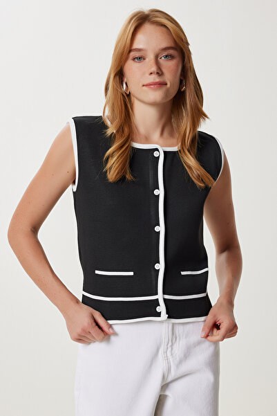 Happiness İstanbul Women's Black Contrast Stripe Ribbed Knitwear Vest Yy00265