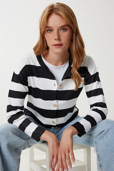 Happiness İstanbul Women's Black White Stylish Buttoned Striped Knitwear Cardigan Ub00476