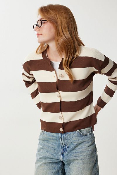 Happiness İstanbul Women's Brown Cream Stylish Buttoned Striped Knitwear Cardigan Ub00476
