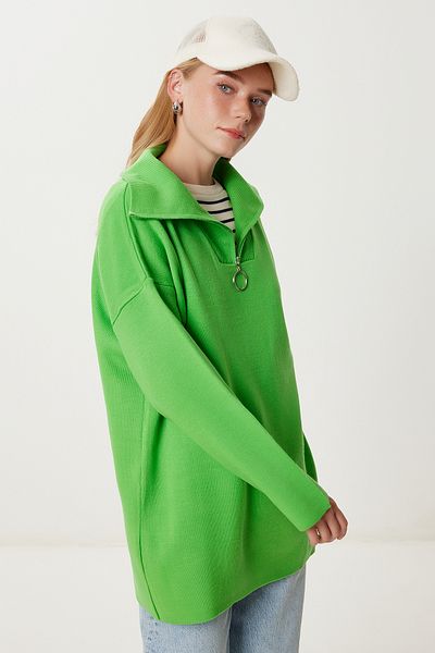 Happiness İstanbul Women's Pistachio Green Zippered Oversize Knitwear Sweater Yy00263