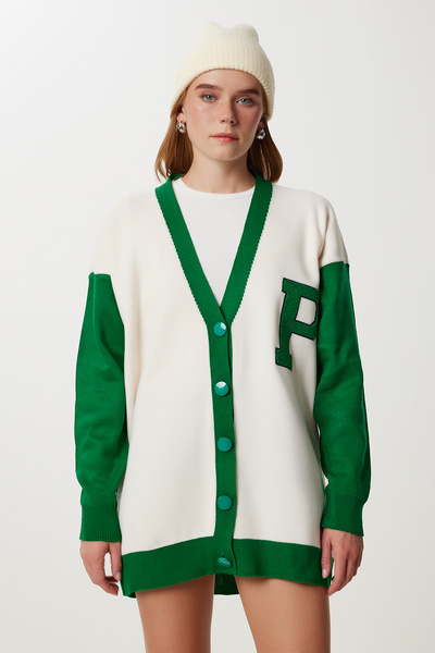 Happiness İstanbul Γυναικεία Πλεκτά Ζακέτα με Αντίθεση Χρώματος Πράσινο Κόκκαλο YY00262