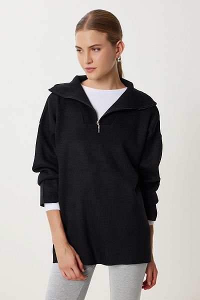Happiness İstanbul Women's Black Zippered Oversize Knitwear Sweater Yy00263