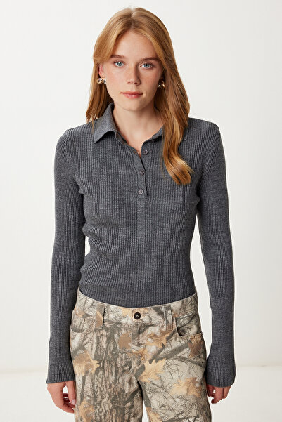 Happiness İstanbul Women's Anthracite Polo Neck Ribbed Knitted Sweater Pf00119