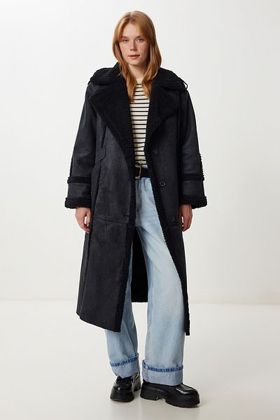 Happiness İstanbul Women's Black Faux Fur Oversize Nubuck Coat Kt00031