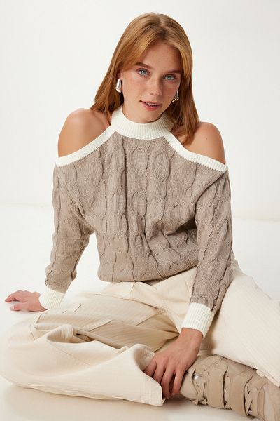 Happiness İstanbul Women's Mink Ecru Cut Out Detailed Contrast Knitwear Sweater Ki̇00165