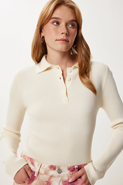 Happiness İstanbul Women's Cream Polo Neck Ribbed Knitted Sweater Pf00119