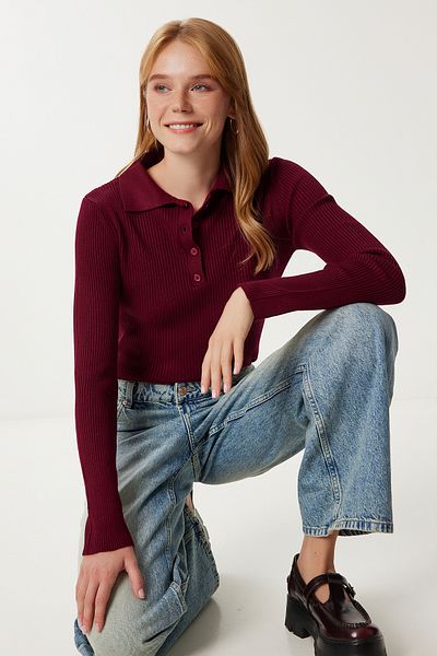 Happiness İstanbul Women's Burgundy Polo Collar Ribbed Knitted Sweater Pf00119