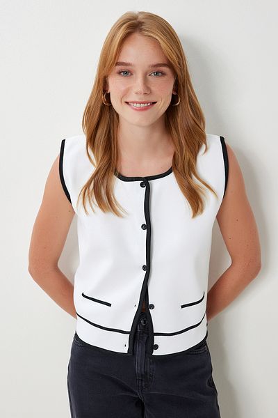 Happiness İstanbul Women's White Contrast Stripe Ribbed Knitwear Vest Yy00265