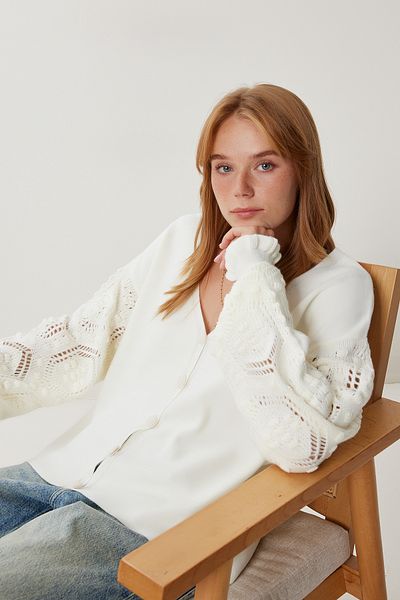 Happiness İstanbul Women's Ecru Buttoned Openwork Oversize Knitwear Cardigan Wa00003