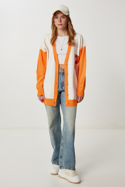 Happiness İstanbul Women's Orange Bone Oversize Contrast Color Knitwear Cardigan Yy00262