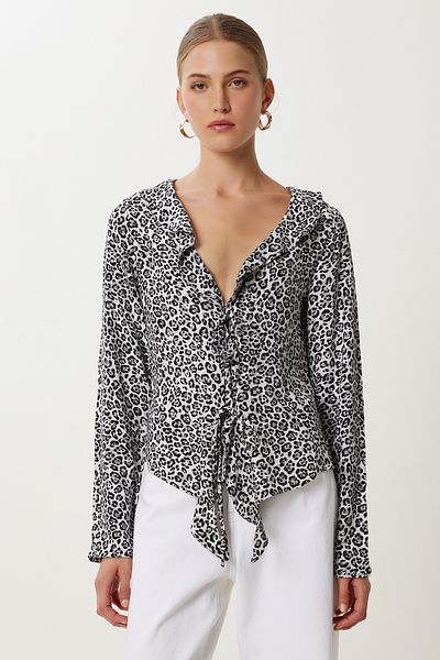 Happiness İstanbul Women's Gray Black Leopard Print Flounced Viscose Blouse Ub00469