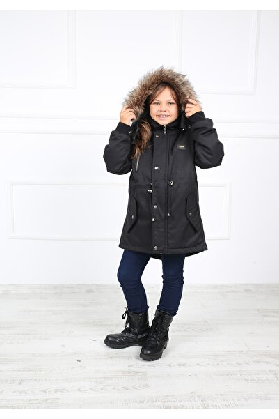 Passion Kız Çocuk Siyah Kapüşonu Suni Kürk Peluşlu Içi Suni Kürklü Oxford Kum...