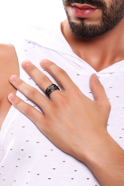 LABALABA Men's Metallic Anthracite Lacquer Plated Adjustable Weave Printed Ring