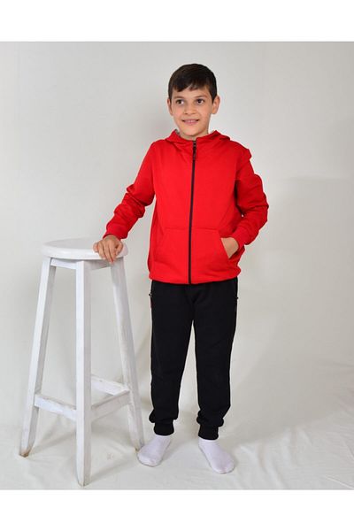 KİDSPİTİRCİK Unisex Kids Red Black Zippered Tracksuit Set for 4 Seasons