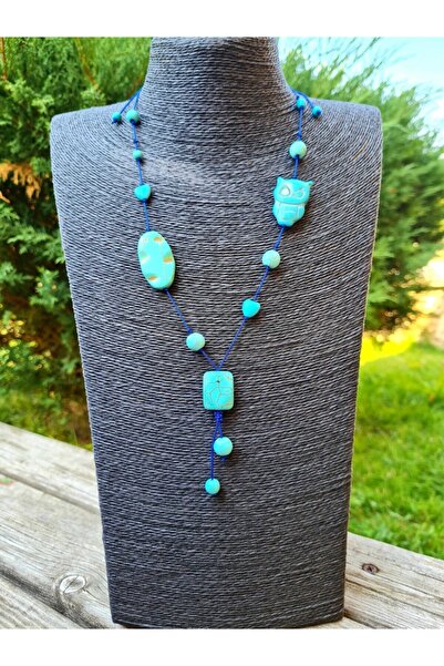 GÜMÜŞTEL EL SANATLARI قلادة من الحجر الطبيعي باللون الفيروزي بتصميم مفصل على شكل بومة جذابة وعين الشر وولاء الاتصال