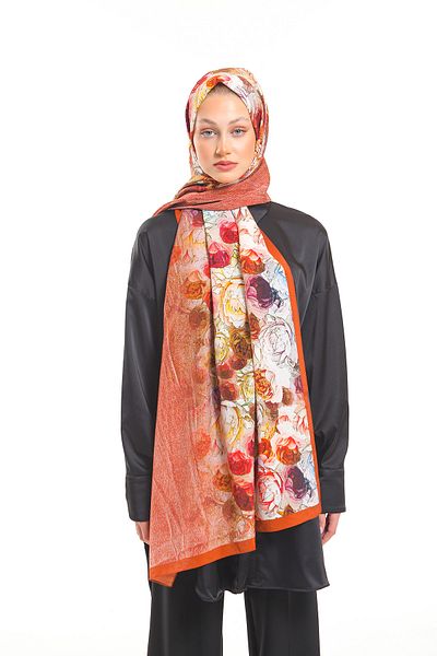 19V69 ITALIA Tile Tan Shawl Floral Pattern Elegante Series with Scarf Hanger and Gift Set 75x200 Cm