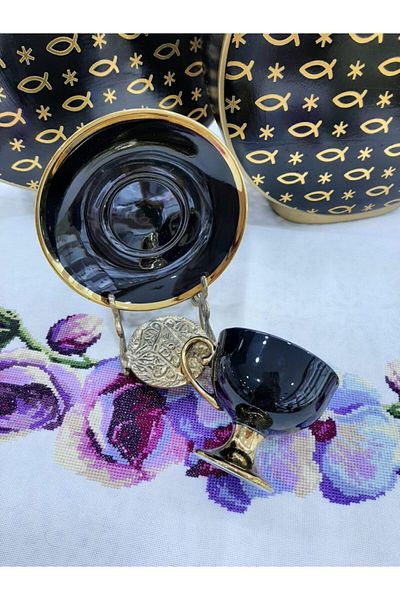 Kosova Ist-72 Black Porcelain 90cc 6-Piece Gilt Footed Cup Set