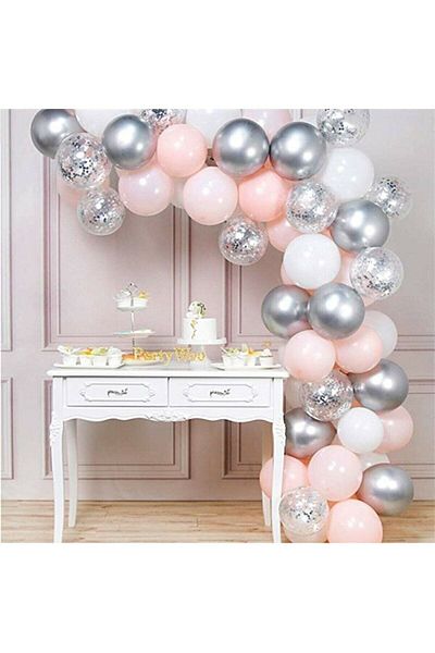 Party City Set of 100 Pastel Pink, Pastel White, Chrome Silver Balloons and Balloon Chains