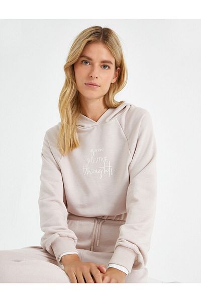 Koton Long Sleeve Hooded Text Printed Sweatshirt