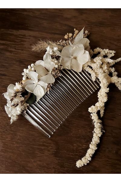 Eva Flore White Hydrangea Pearl Dried Flowering Bridal Wedding Hair Comb Hairpin