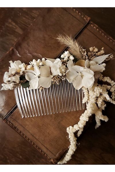Eva Flore White Hydrangea Pearl Dried Flowering Bridal Wedding Hair Comb Hairpin