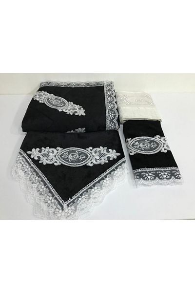 Lamazihome Black 4-Piece Dowry Velvet Prayer Rug Set Prayer Rug Set D Max