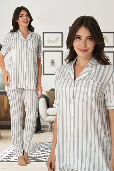Effortt 8065 Set de pijamale de maternitate cu nasturi în față cu model linie gri