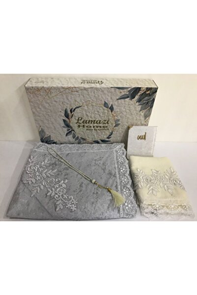 Lamazihome Lüks Gri Kadife Seccade Tesbih Cüz Eşarp 4 Parça Bohça Seti