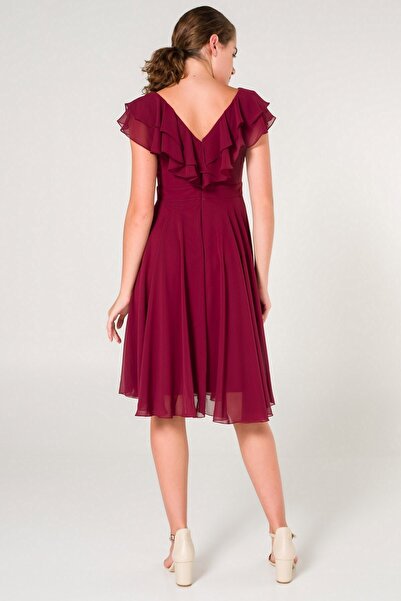 SpringStore Burgundy Collar Flounced Chiffon Evening Dress