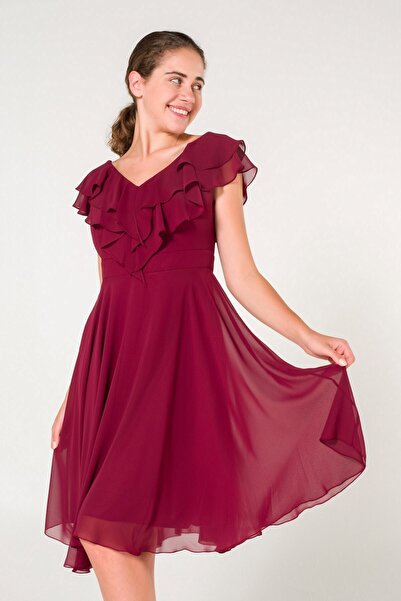 SpringStore Burgundy Collar Flounced Chiffon Evening Dress