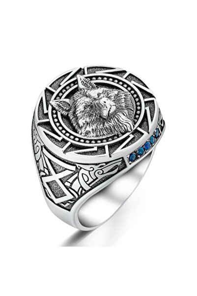 AMBERKAN Kenarı Zirkon Taşlı Kurt Başlı Ve Kurt Figürlü Yüzük