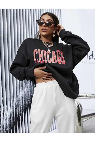 ALİKA Hanorac oversize cu imprimeu Chicago negru de damă