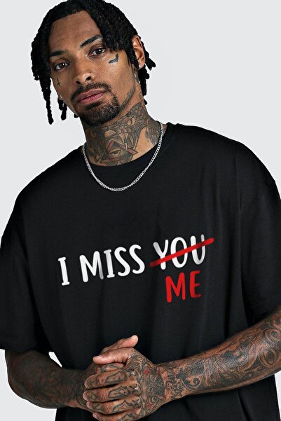 I Miss You Baskılı Siyah Premium Oversize Tişört