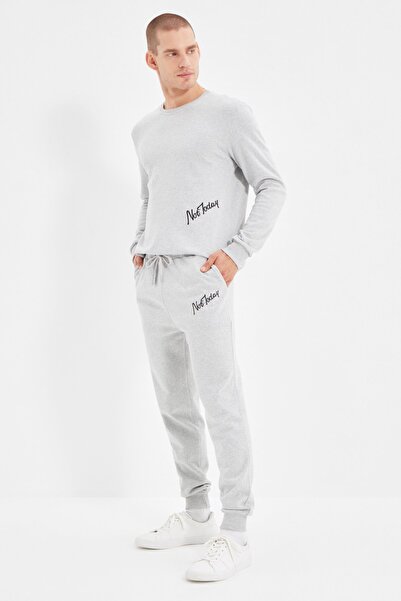 Trendyol Collection Fleece Gray Tracksuit Set - Embroidery Detail, Warm, Regular Cut TMNAW21EM0082