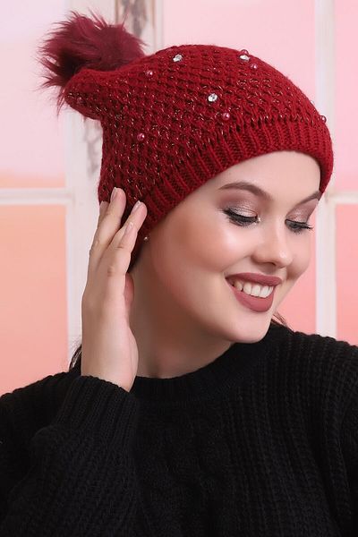 Deafox Детайлна дамска барета с помпони от червен камък