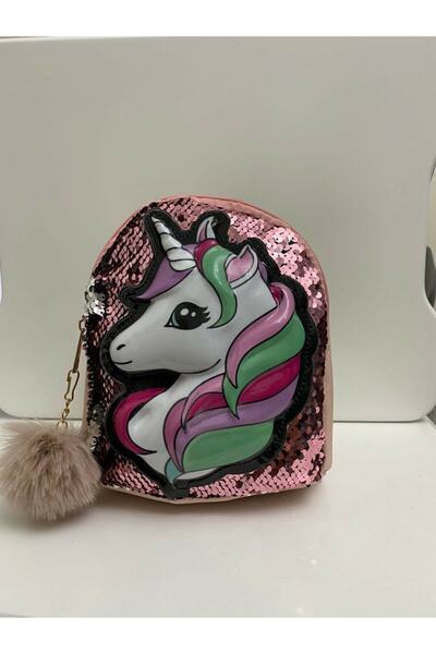 DZC KUZENLER AVM Kız Çocuk Pudra Unicorn Işıklı Pullu Ponponlu Sırt Çantası