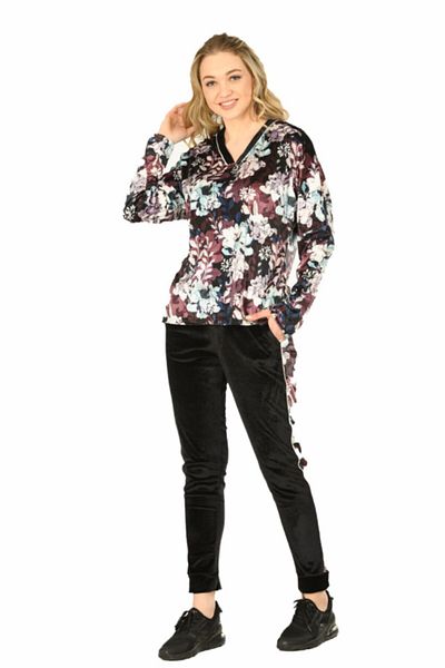 Jiber Set de pijamale de damă din catifea cu model din satin Jbr-3901