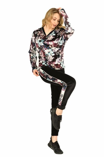 Jiber Set de pijamale de damă din catifea cu model din satin Jbr-3901