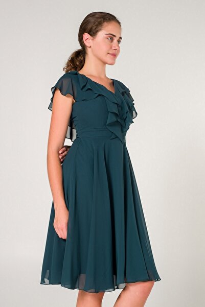 SpringStore Emerald Collar Flounced Chiffon Evening Dress